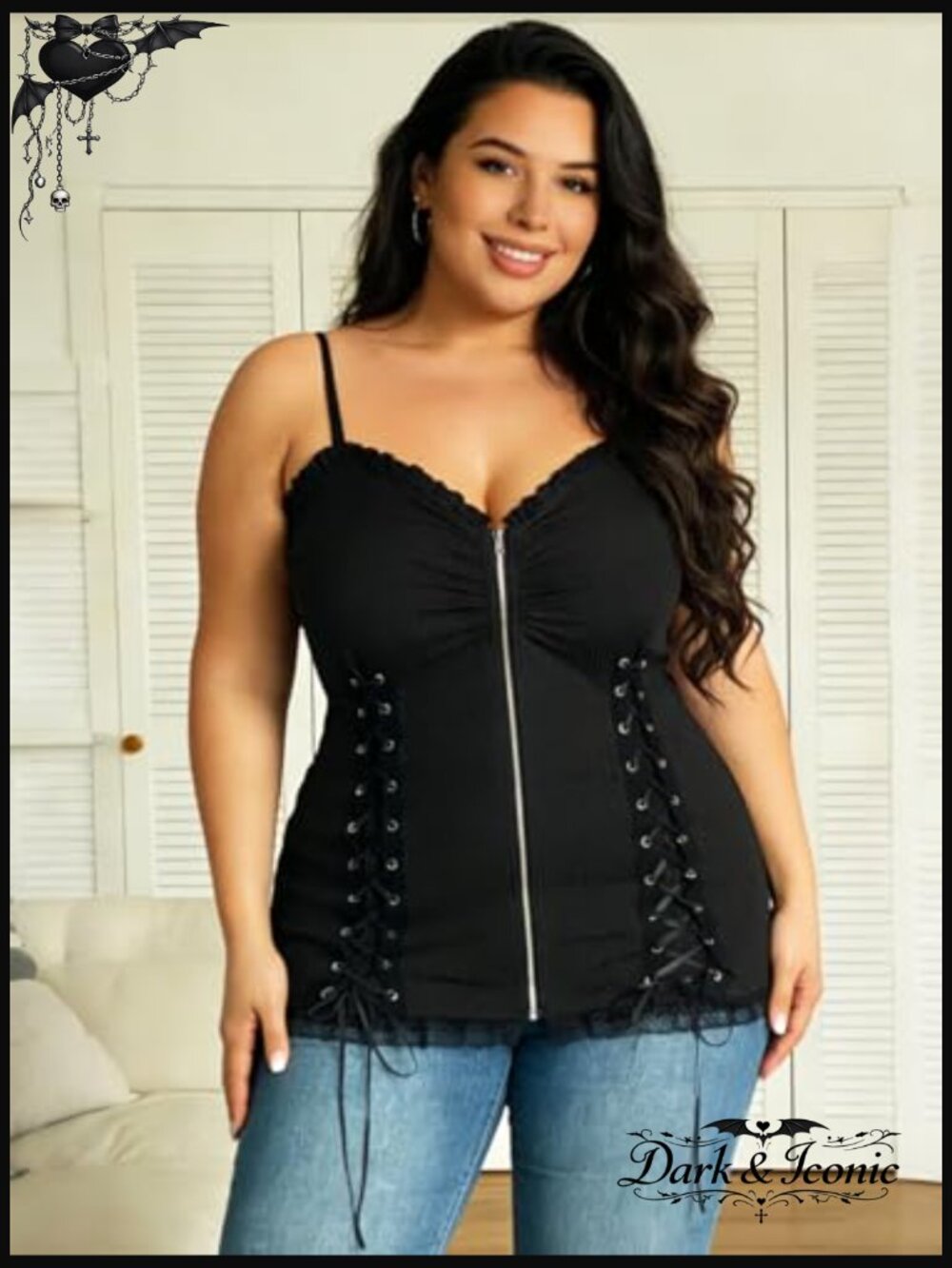 Plus Size Corset Lace Up Cami Top Gothic Ribbed Stretch Sleeveless - Picture 2 of 7